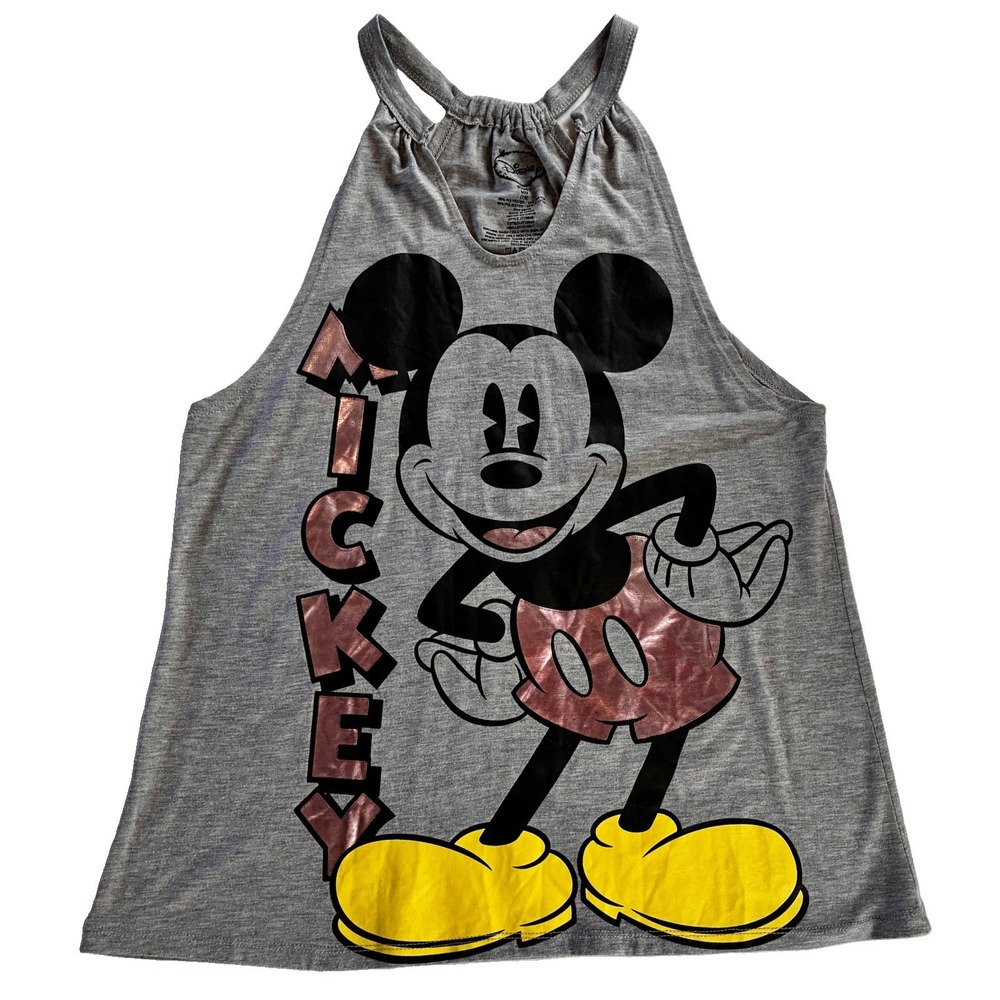 Disney Mickey Mouse Womens Size Medium Gray Knit Tank Top Gather Racer Back